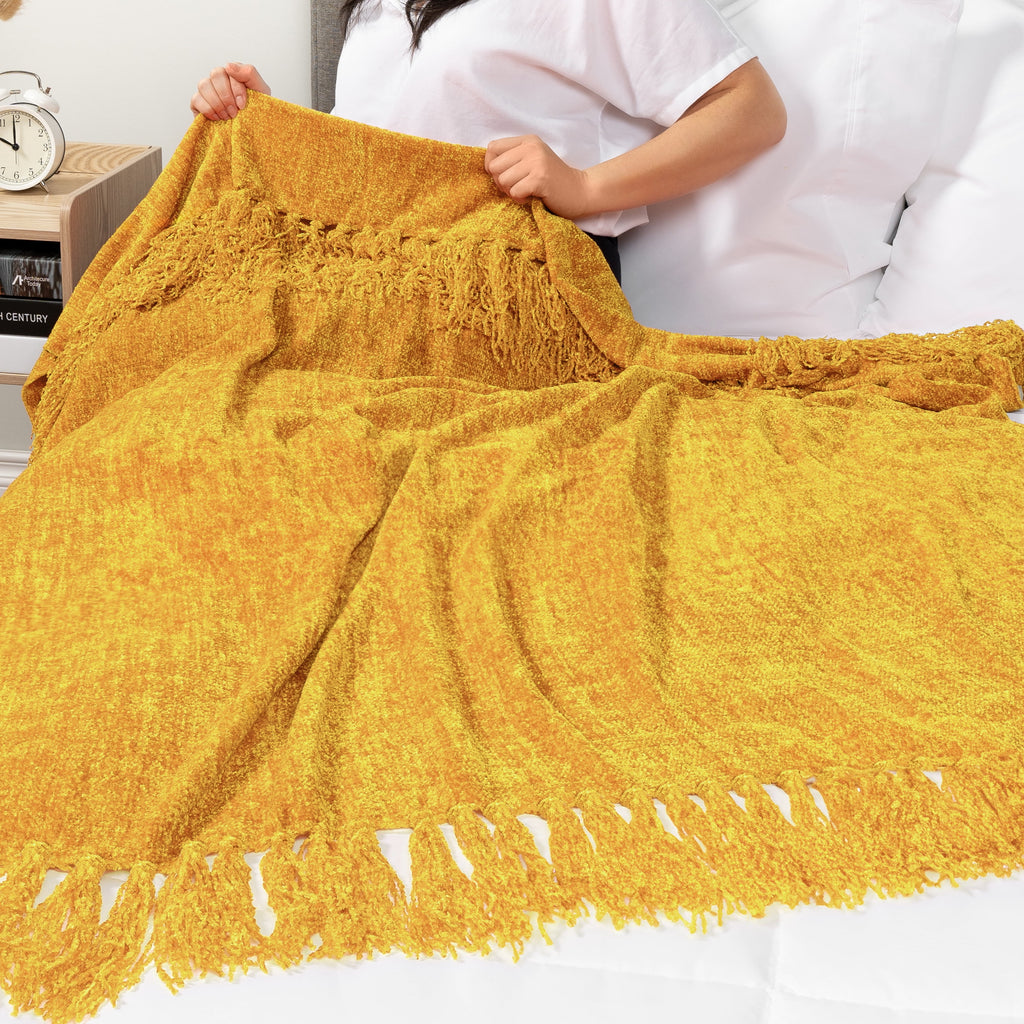 PAVILIA Mustard Yellow Chenille Throw Blanket for Couch, Soft Gold Knit Blanket with Tassel Fringe, Woven Chenille Knitted Decorative Blanke - Image 6