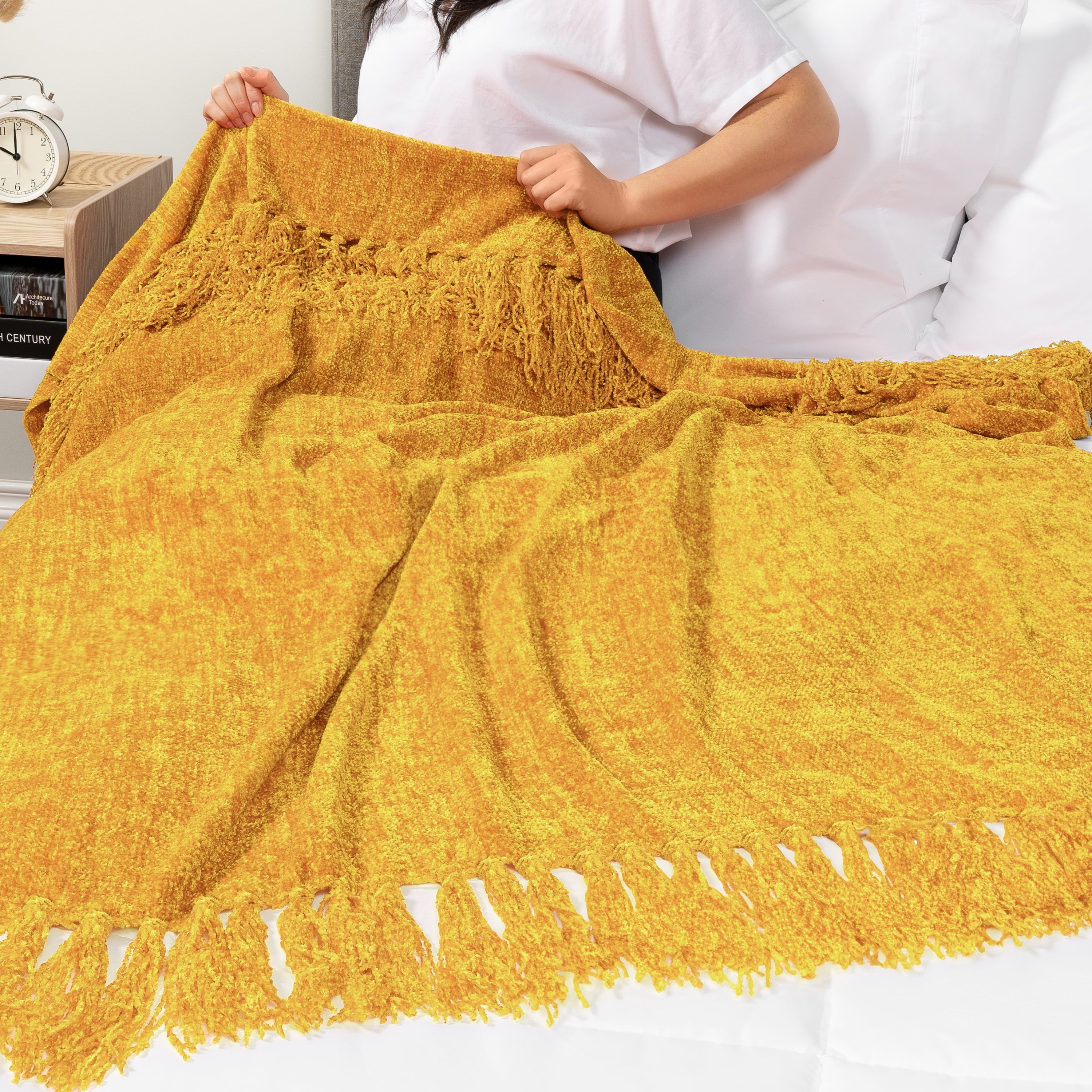 PAVILIA Mustard Yellow Chenille Throw Blanket for Couch, Soft Gold Knit Blanket with Tassel Fringe, Woven Chenille Knitted Decorative Blanke - Image 6