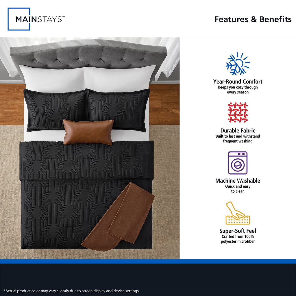Full/Queen Comforter Set, All-Season, 5-Piece, Black Jacquard Geo - Image 4