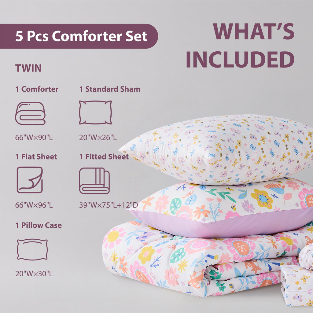 Floral Comforter Set, Soft Microfiber Flower Bedding Set, 5 Pieces with Comforter, Sheets and Pillowcases, Twin - Image 6