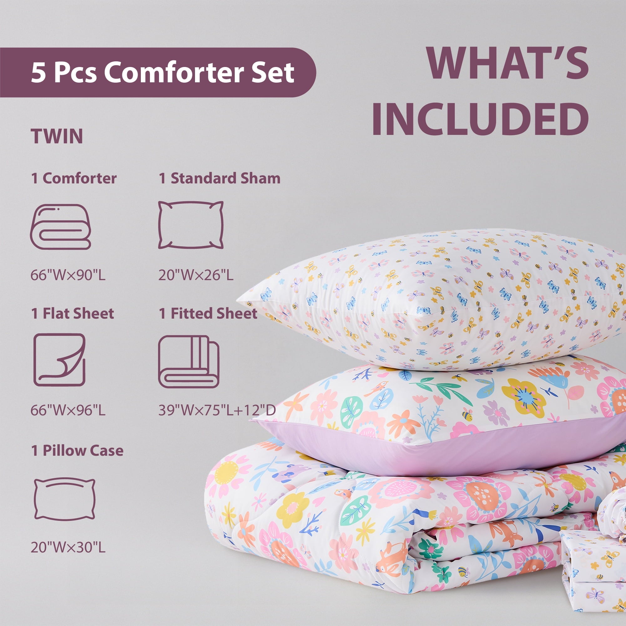 Floral Comforter Set, Soft Microfiber Flower Bedding Set, 5 Pieces with Comforter, Sheets and Pillowcases, Twin - Image 6