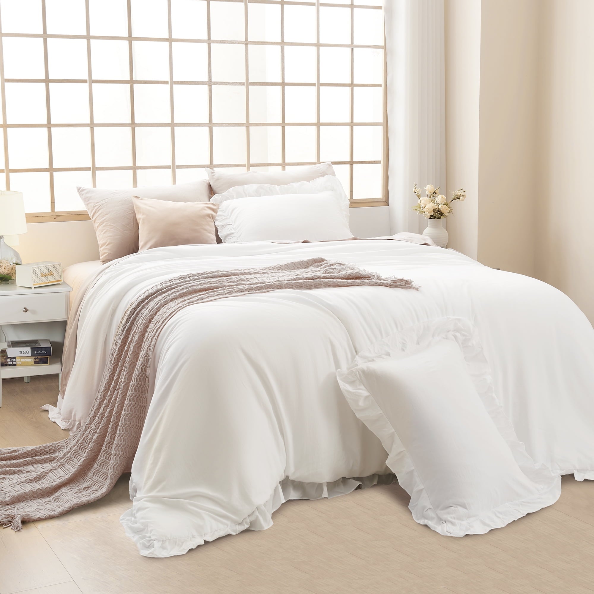 Queen Comforter Set White, 3 Pieces Soft Fluffy Farmhouse Ruffle Bedding Comforter Sets for Queen Bed, All Season Lig... - Image 2