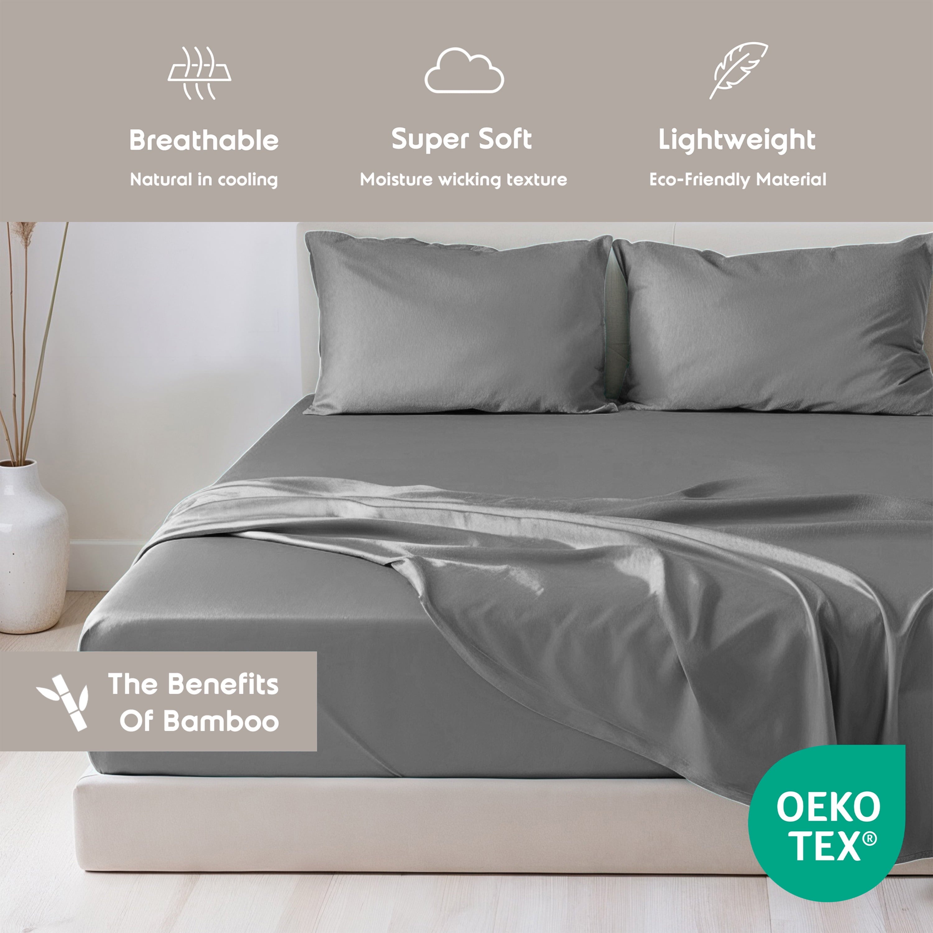 Virtu Bed Sheets Set, Deep Pocket Rayon Derived 4 Piece Queen Sheets sets, Gray - Image 2