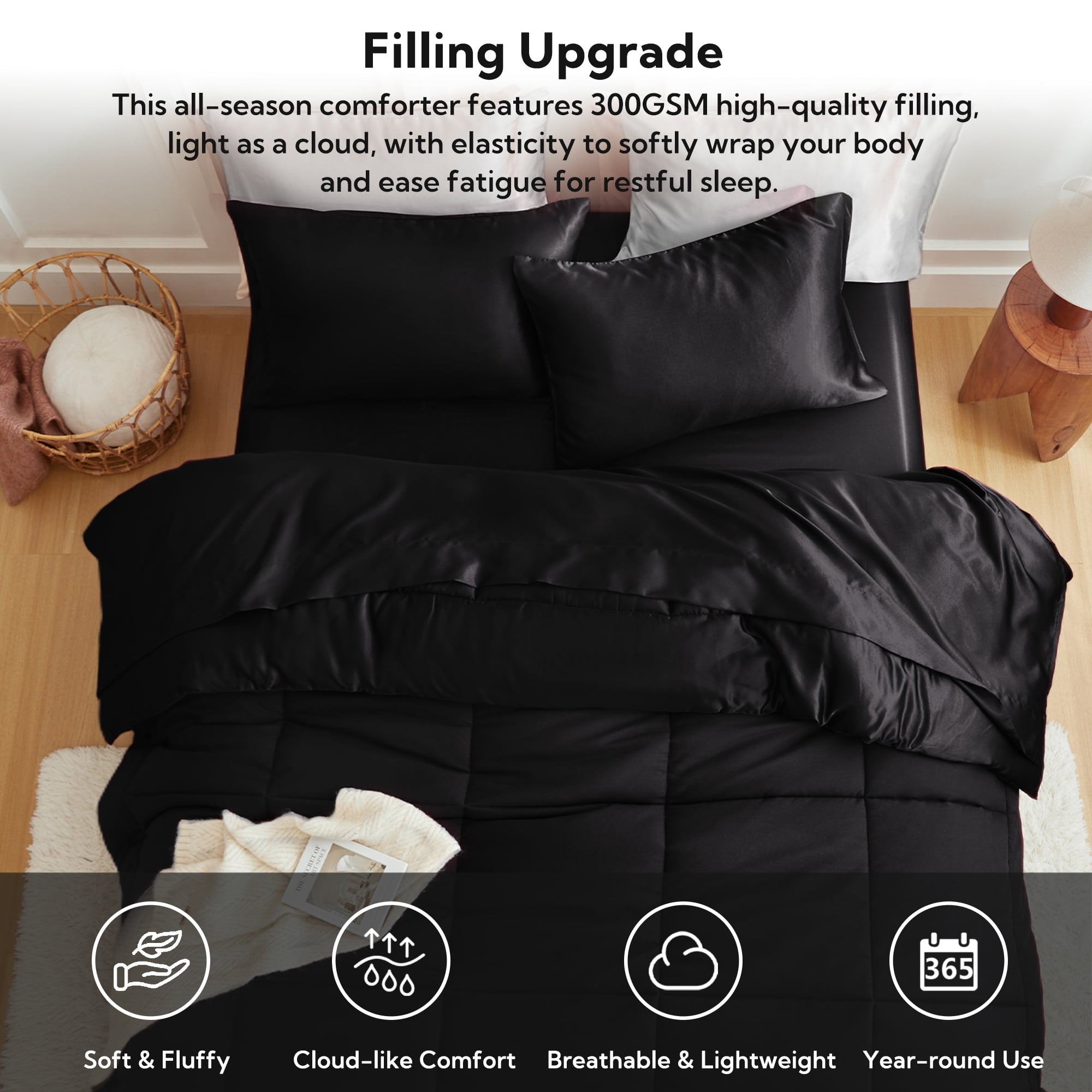 Reversible Satin Microfiber Comforter 3 Pieces Queen Size, Black Queen Comforter Set for All Seasons, Silky Soft Sati... - Image 6