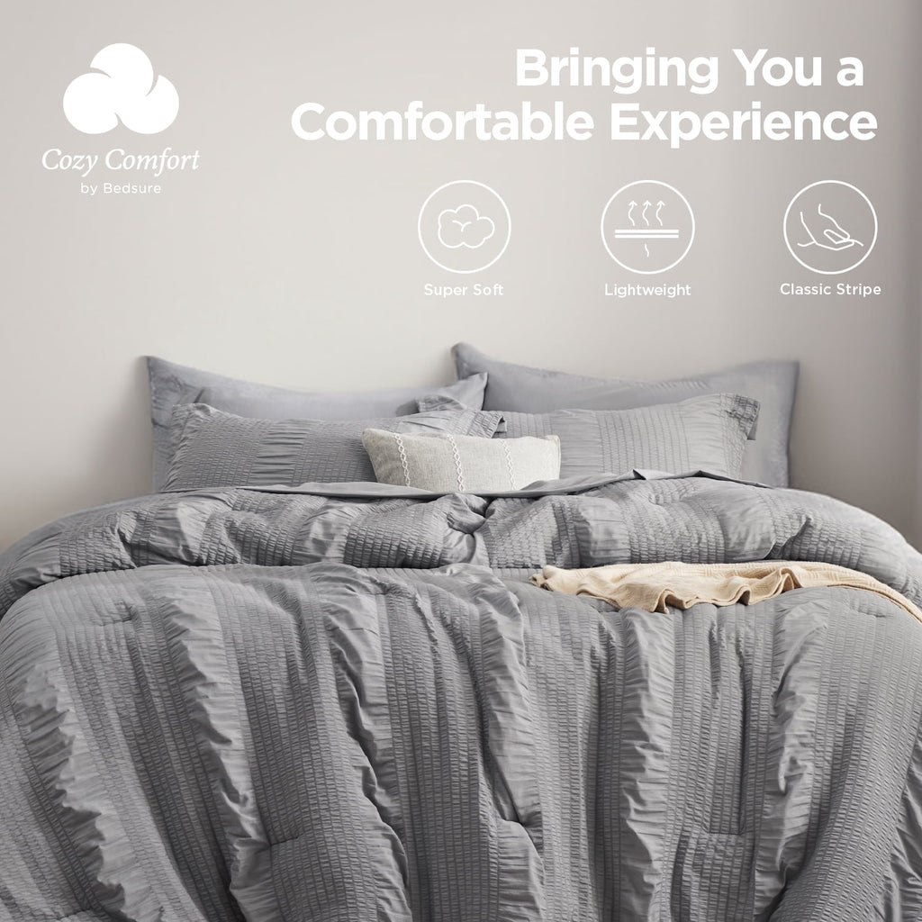 Twin Comforter Sets 5 Pieces Stripes Seersucker Bedding Set, Bed in a Bag with Soft Comforter & Sheets, Pillowcase & ... - Image 2