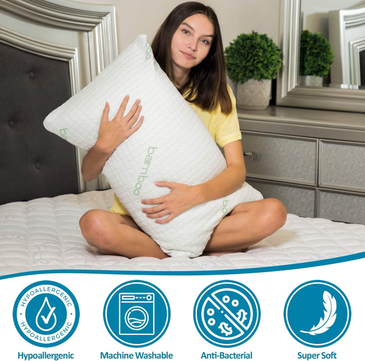 Queen Size Bamboo Pillow, Memory Foam Bed Pillows with Washable Pillowcases, Queen - Image 5