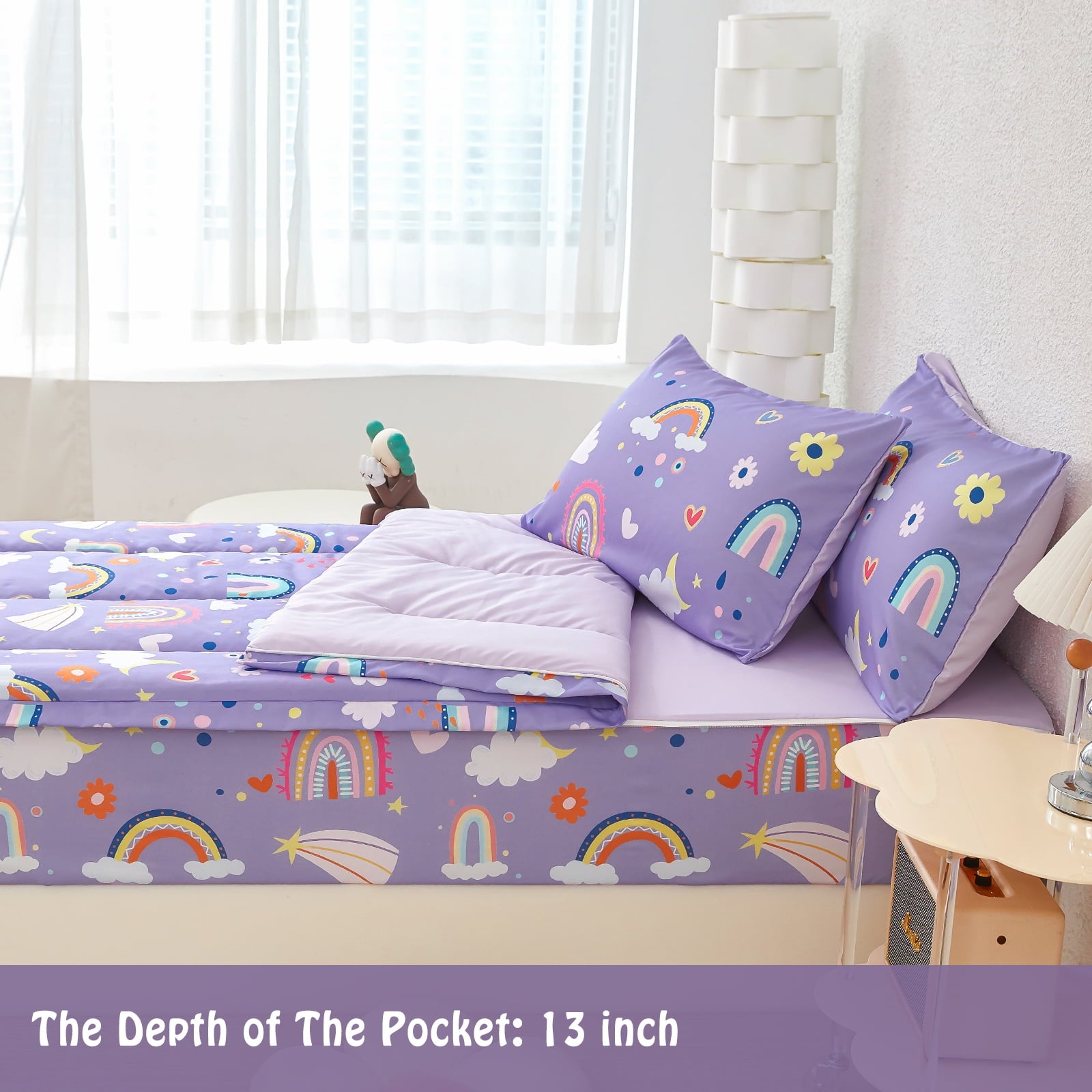 Zipper Kids Comforter Set, 3-Piece Purple Twin Bed in a Bag, Cartoon Rainbow Stars Flowers Printed Zip Up Comforter S... - Image 5