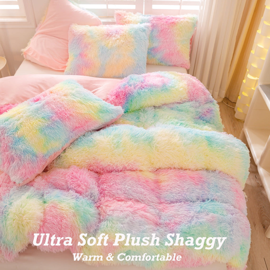 3Pcs Pink Faux Fur Twin Comforter Set for Girls Tie Dye Rainbow Kid Bed Set Plush Shaggy Bedding Sets Fuzzy Bed Comfo... - Image 6