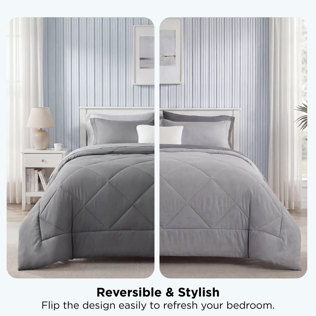Queen Reversible Comforter Set - 7 Pieces Grey Bedding, Bed in a Bag with Alternative Comforter, Sheets, Pillowcases ... - Image 2
