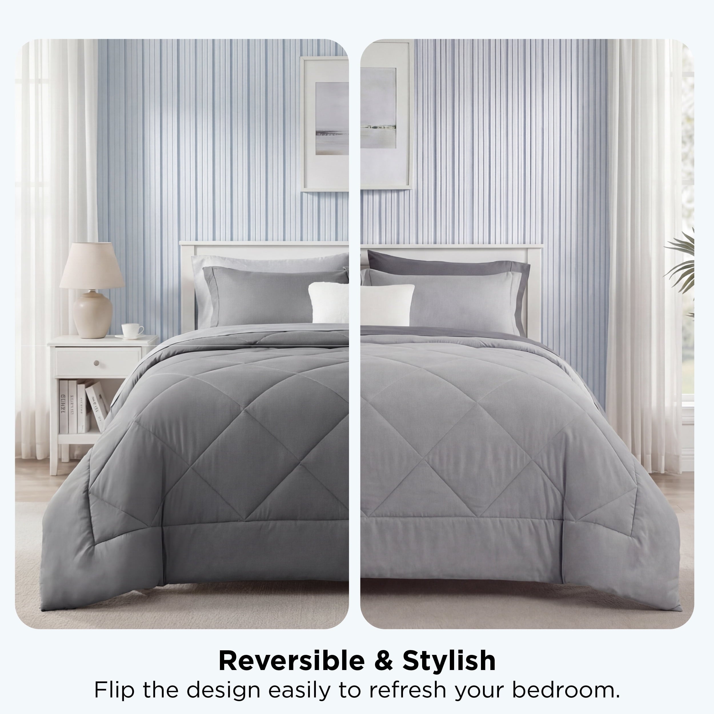 Queen Reversible Comforter Set - 7 Pieces Grey Bedding, Bed in a Bag with Alternative Comforter, Sheets, Pillowcases ... - Image 2