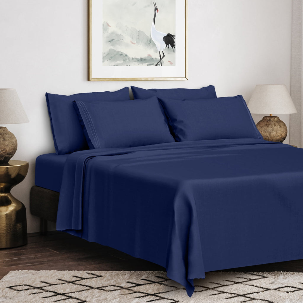 Queen Bed Sheets Set, 6 Pc Microfiber Bed Sheets, Extra Deep Pocket Queen Fitted Sheet, Flat Sheet & Pillowcases, Nav... - Image 2