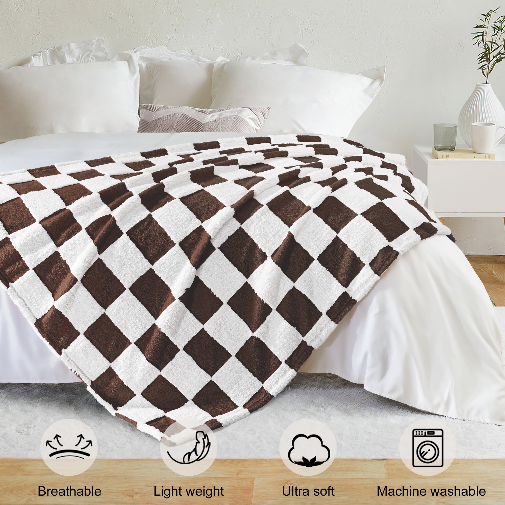 Checkered Throw Blanket, Super Soft and Warm Fluffy Fleece Blanket for Couch, Sofa, Bed, Cute Plaid Pattern, Coffee, ... - Image 5