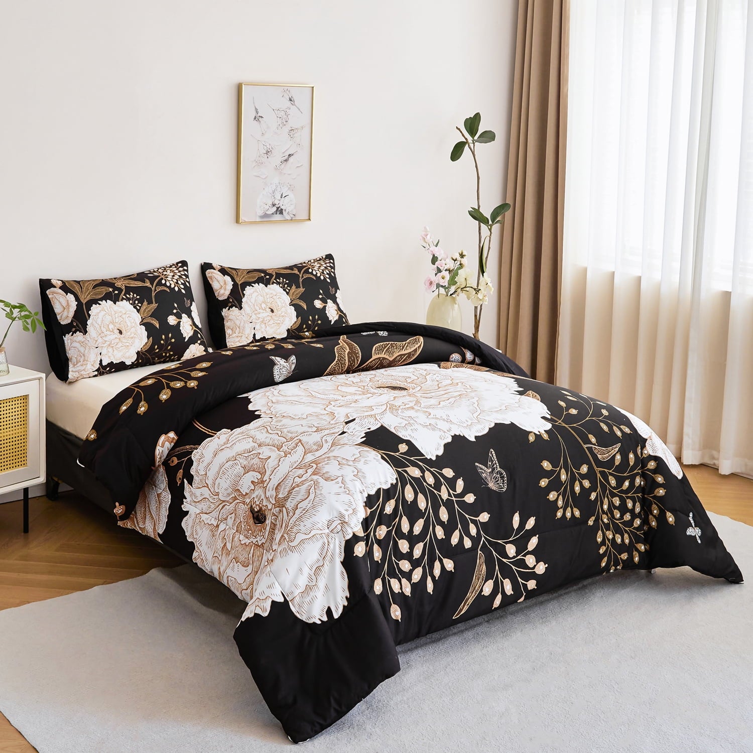 Black Floral Comforter Set Queen, Printed Comforter White Flowers Butterfly Bedding Set, 3 Pieces Botanical Reversibl... - Image 3