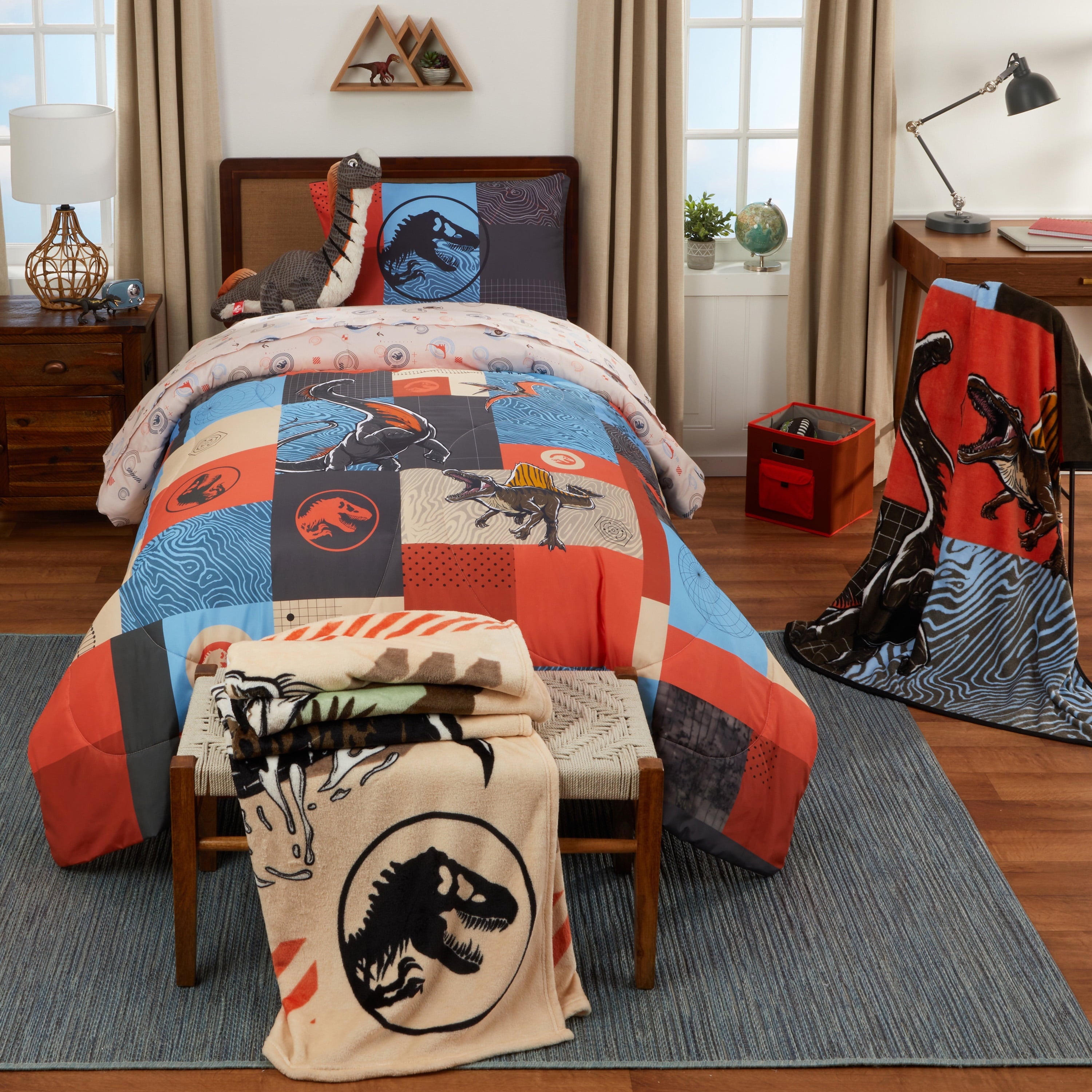 Kids 2 Piece Blue Orange Reversible Dinosaur Comforter and Pillowcase set, Twin/full - Image 2