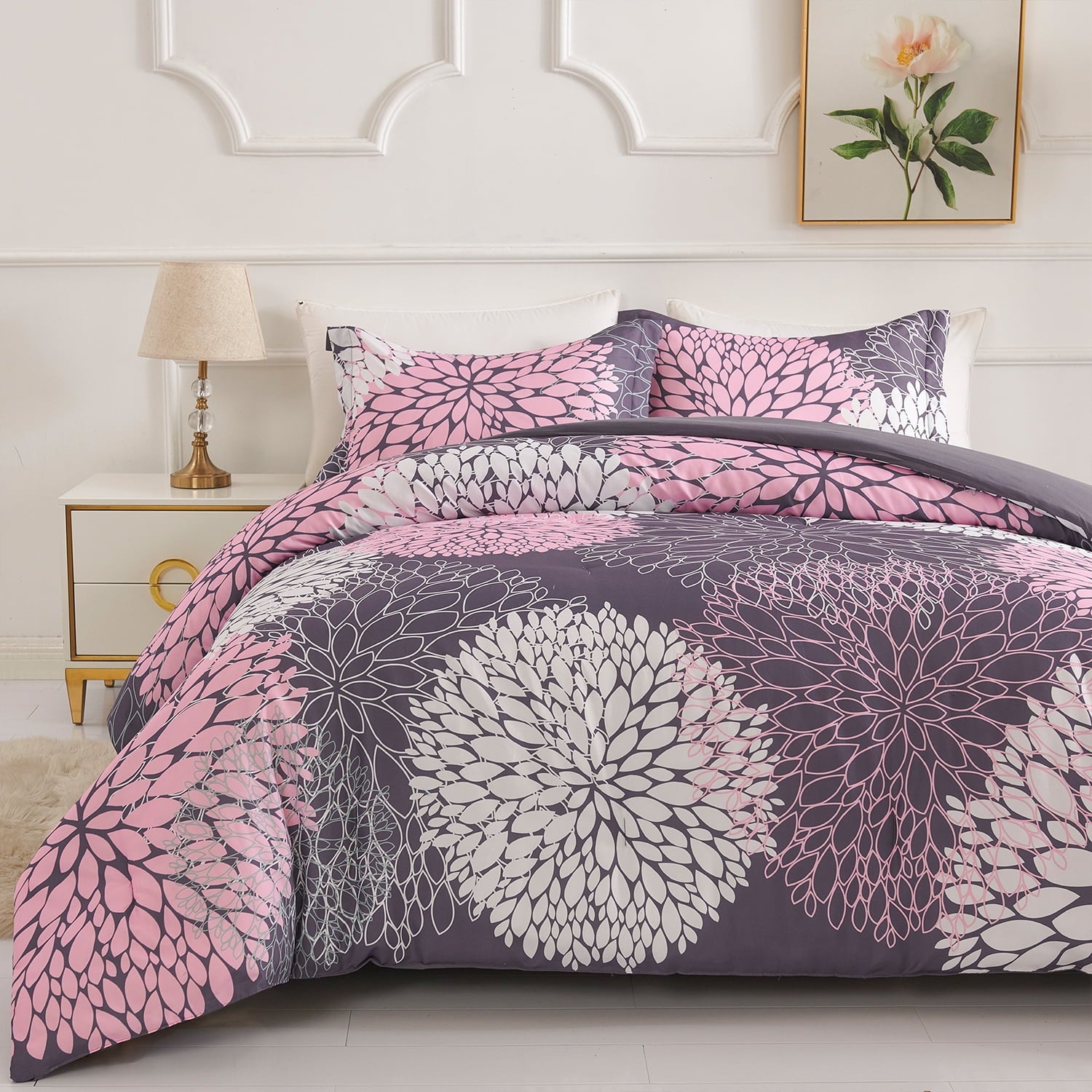 2 Pieces Pink Floral Comforter Set Twin Size, Botanical Bedding Sets with Cute Flowers Printing for Teen Girls - Image 6