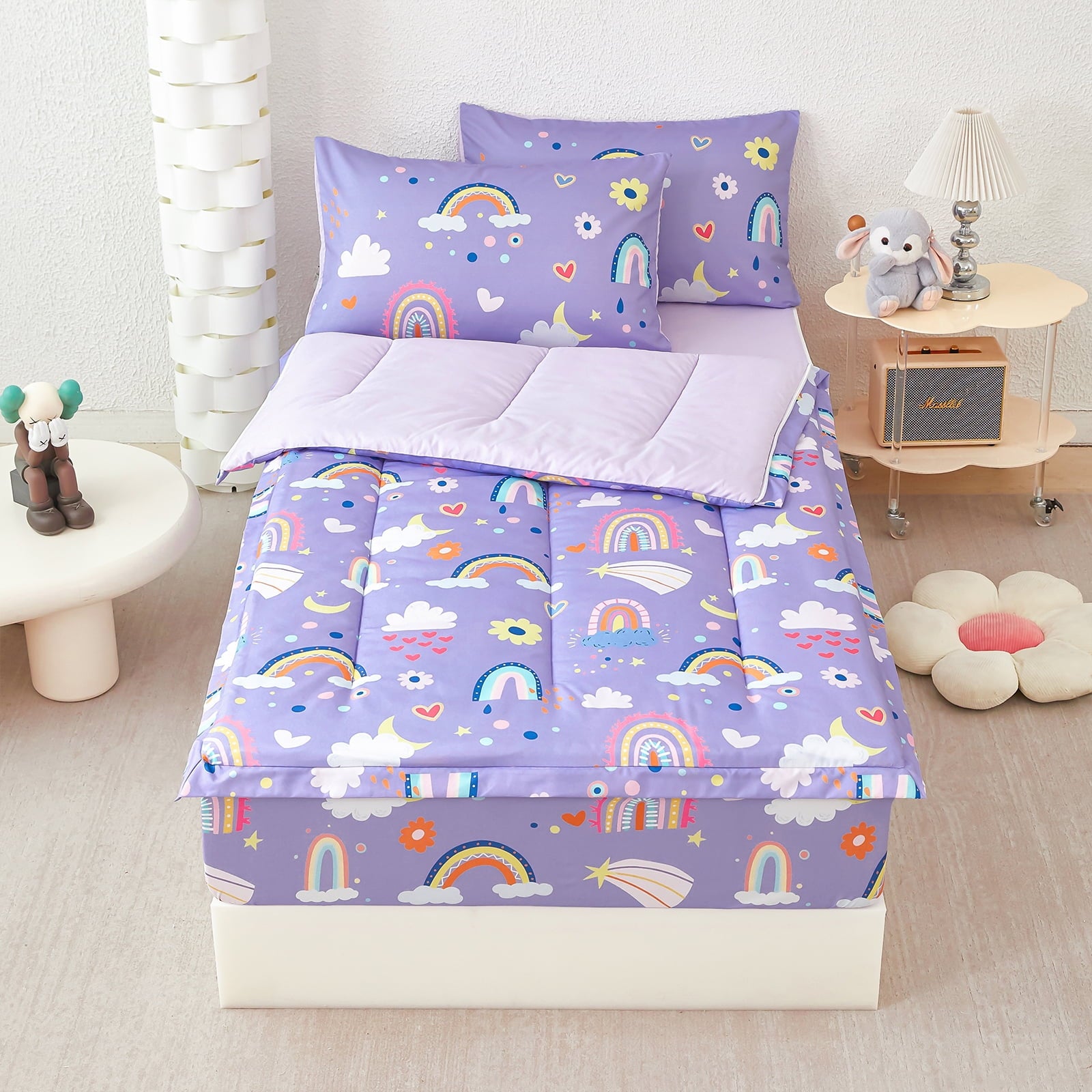 Zipper Kids Comforter Set, 3-Piece Purple Twin Bed in a Bag, Cartoon Rainbow Stars Flowers Printed Zip Up Comforter S... - Image 2