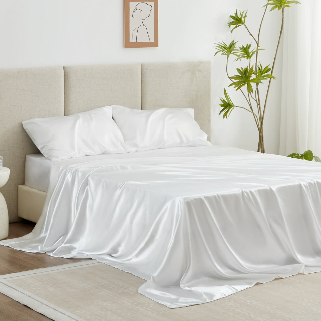 Love's cabin Satin Sheets Full Sheet Set Deep Pocket Luxury Silky Bed Sheets for Hair and Skin 4 Pieces, White - Image 2