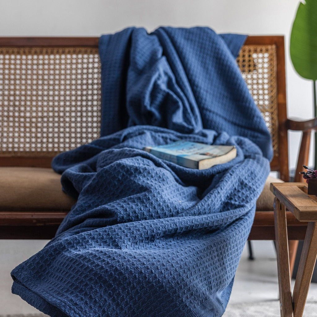 Twin Waffle Throw Blanket for Couch (68" x 92"), 100% Cotton Throw Blankets for Bed, Waffle Blanket for Bed (Navy) - Image 2
