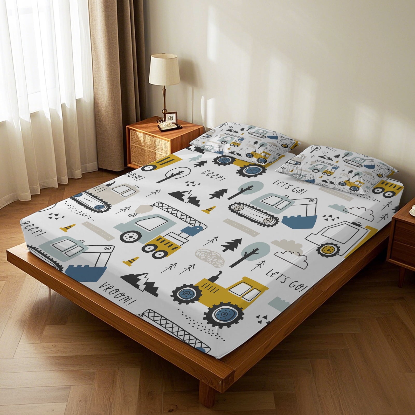 WASFDN Cartoon Excavator Sheet Set for Kids Boys Truck Construction Bedding Set Engineering Vehicle Bed Sheet Sets with 1 Fitted Sheet and 2 - Image 2