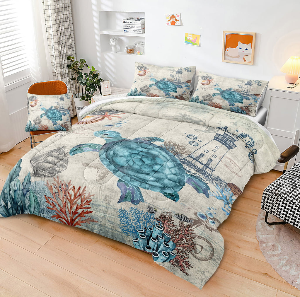 Move Over Sea Turtle Comforter Set Queen Ocean Beach Bedding Set Soft and Lightweight Retro Style Design Coastal Bedding Set - Image 2