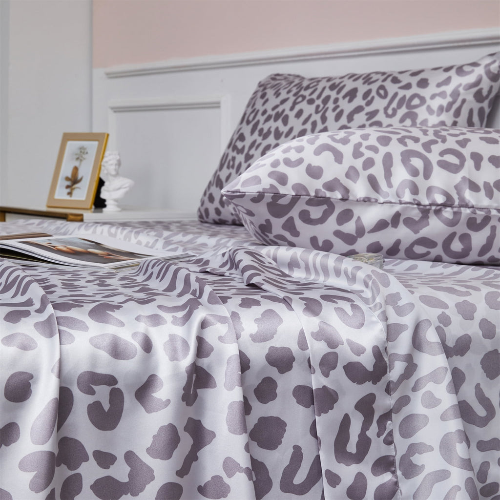 ANMINY Satin Sheets Twin Silk Sheets Silver Leopard Bed Sheet Set Deep Pocket Bed Flat Fitted Sheet, 3-Pieces - Image 4