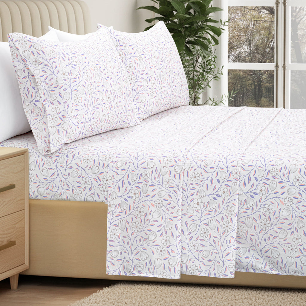 100% Cotton Full Size Sheets,4 Piece Pure Percale Bed Sheets Set Deep Pocket Fits Mattress Upto 15",floral vine pattern - Image 2