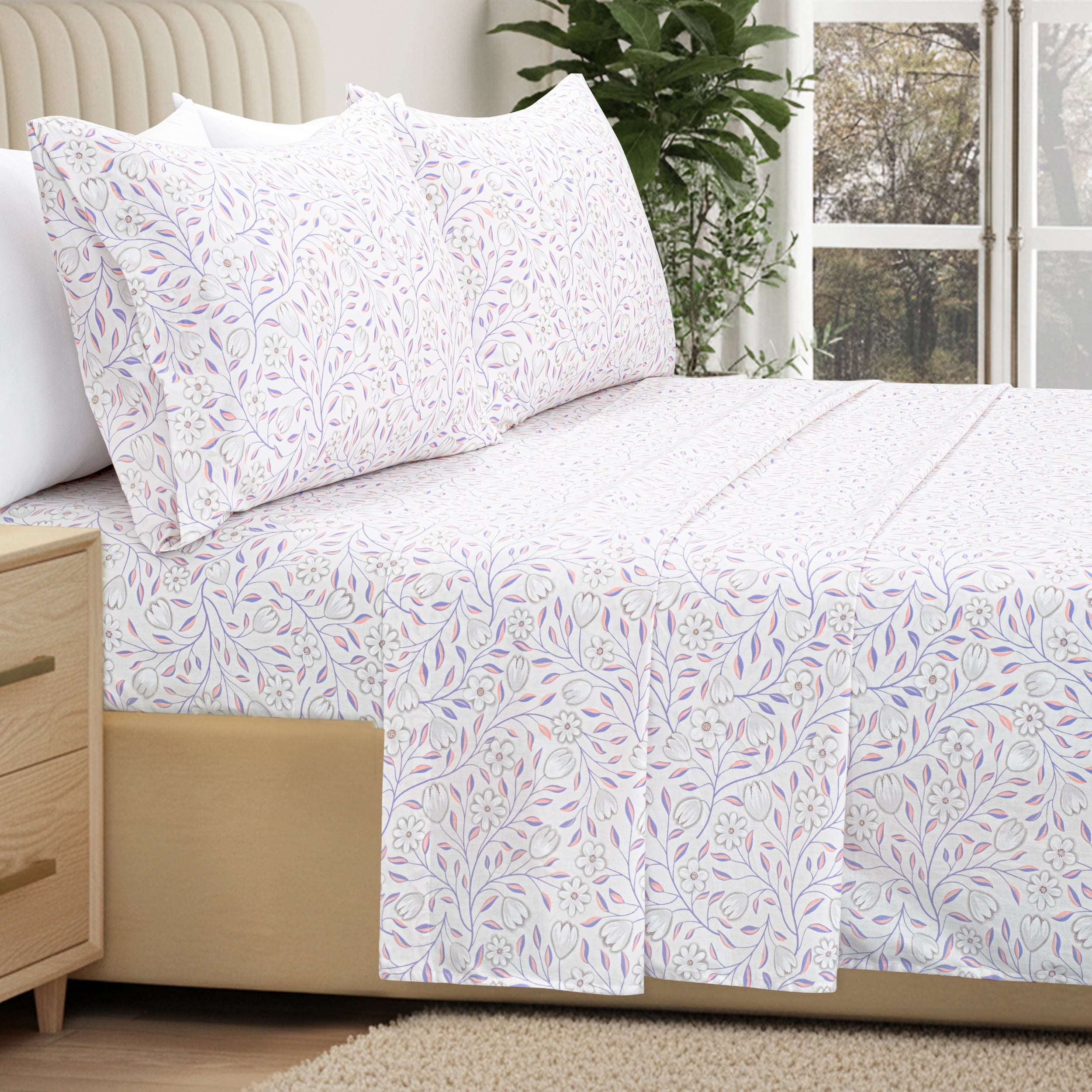 100% Cotton Full Size Sheets,4 Piece Pure Percale Bed Sheets Set Deep Pocket Fits Mattress Upto 15",floral vine pattern - Image 2