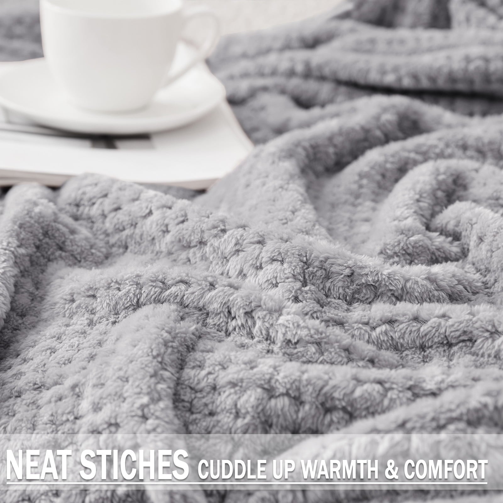 Waffle Textured Extra Large Fleece Blanket, Super Soft and Warm Throw Blanket for Couch, Sofa and Bed (Light Grey, 50... - Image 3