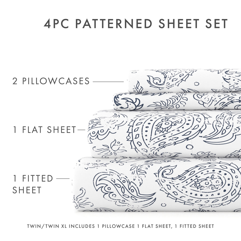 4 Piece Pattern Microfiber Bed Sheets Set, Navy Coarse Paisley, Full - Image 3