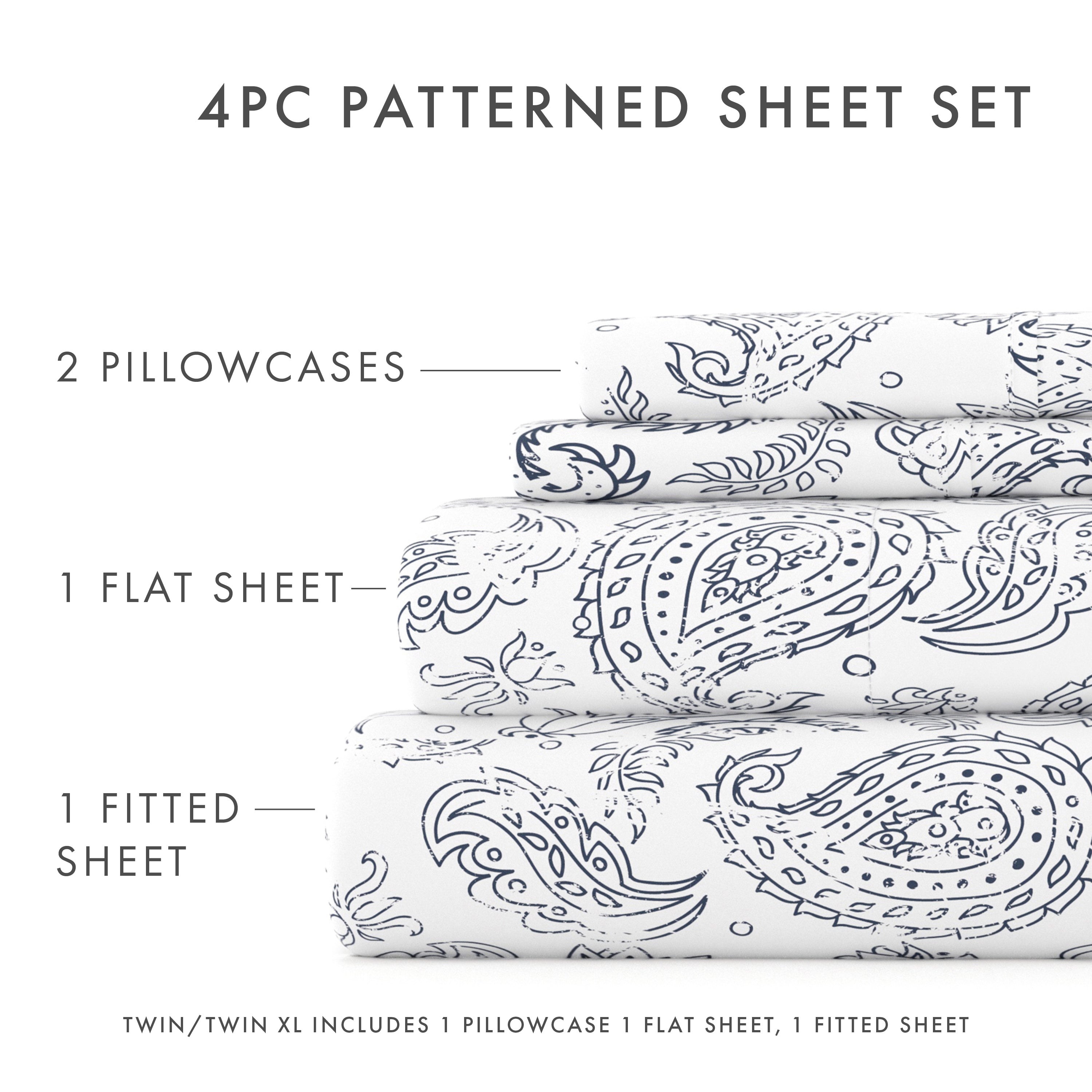 4 Piece Pattern Microfiber Bed Sheets Set, Navy Coarse Paisley, Full - Image 3