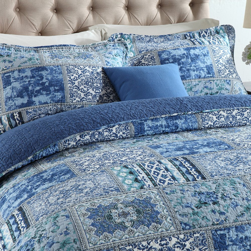 WannaToo Quilt Comforter Cotton Bedding Set With Shams, Vintage Blue, King - Image 2