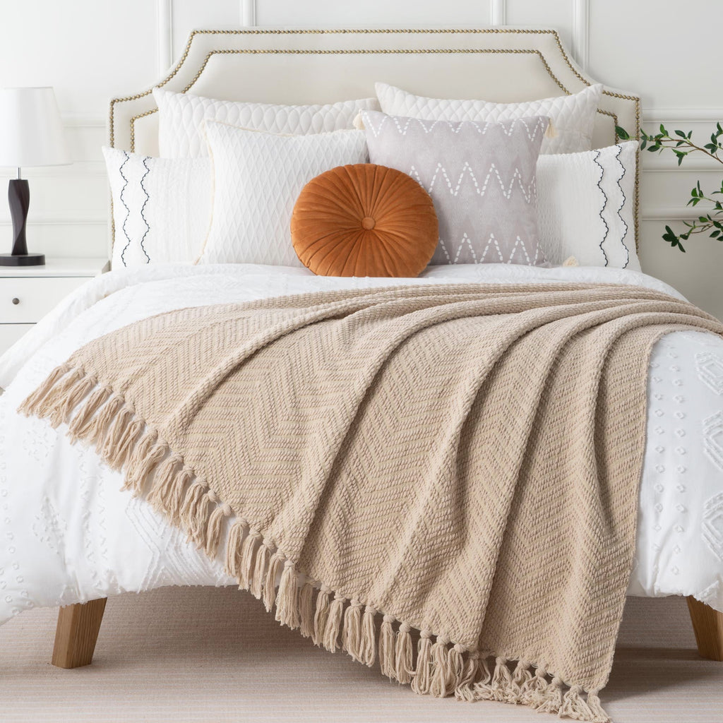 Beige Throw Blanket,Textured Knitted Tan Throws with Tassels,Neutral Sofa Bed Throws,50"x60" - Image 4