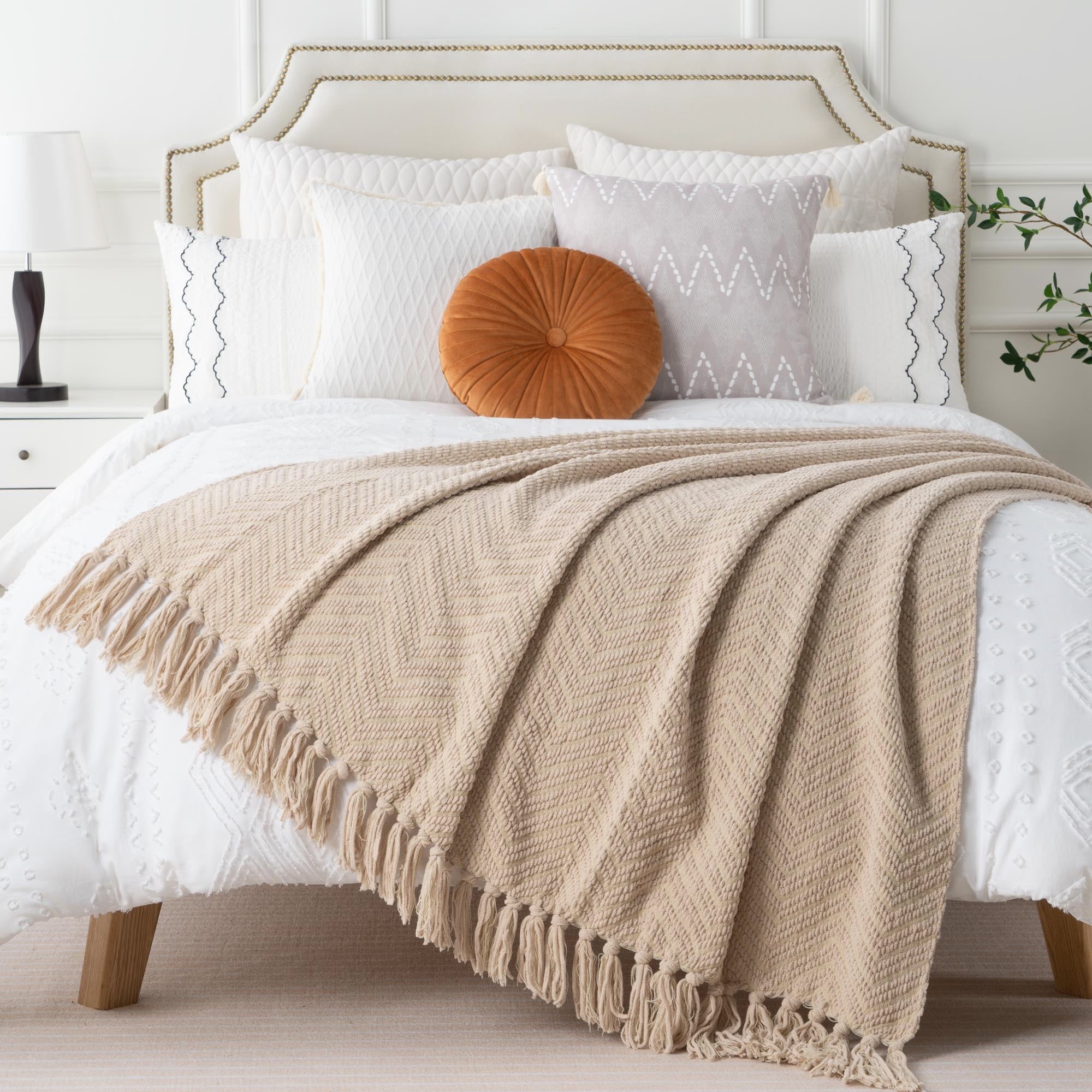 Beige Throw Blanket,Textured Knitted Tan Throws with Tassels,Neutral Sofa Bed Throws,50"x60" - Image 4
