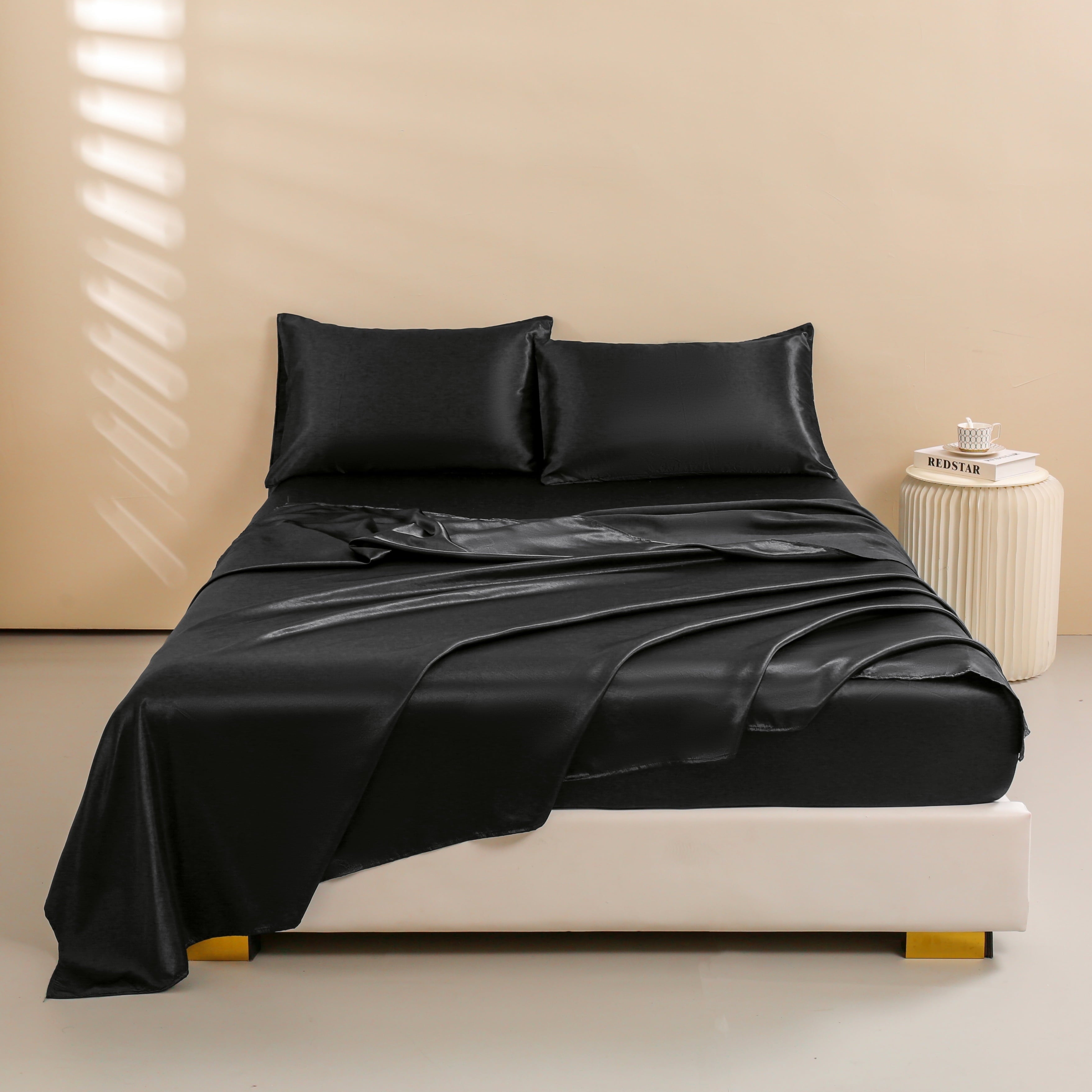 4Pcs Black Satin Sheets Queen Set Silk Sheets 13" Deep Pocket Ultra Soft silky Bed Sheet Set - Image 2