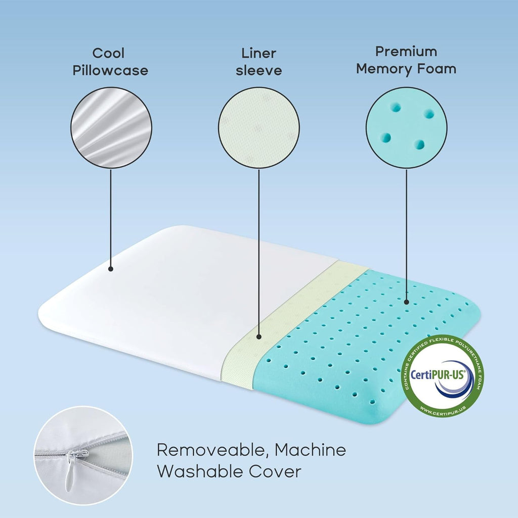 Sonive Ultra Thin Cooling Memory Foam Pillows, Summer Bed Pillows for Back, Stomach or Side Sleepers, Flat Pillow with Washable Cover, Premi - Image 3