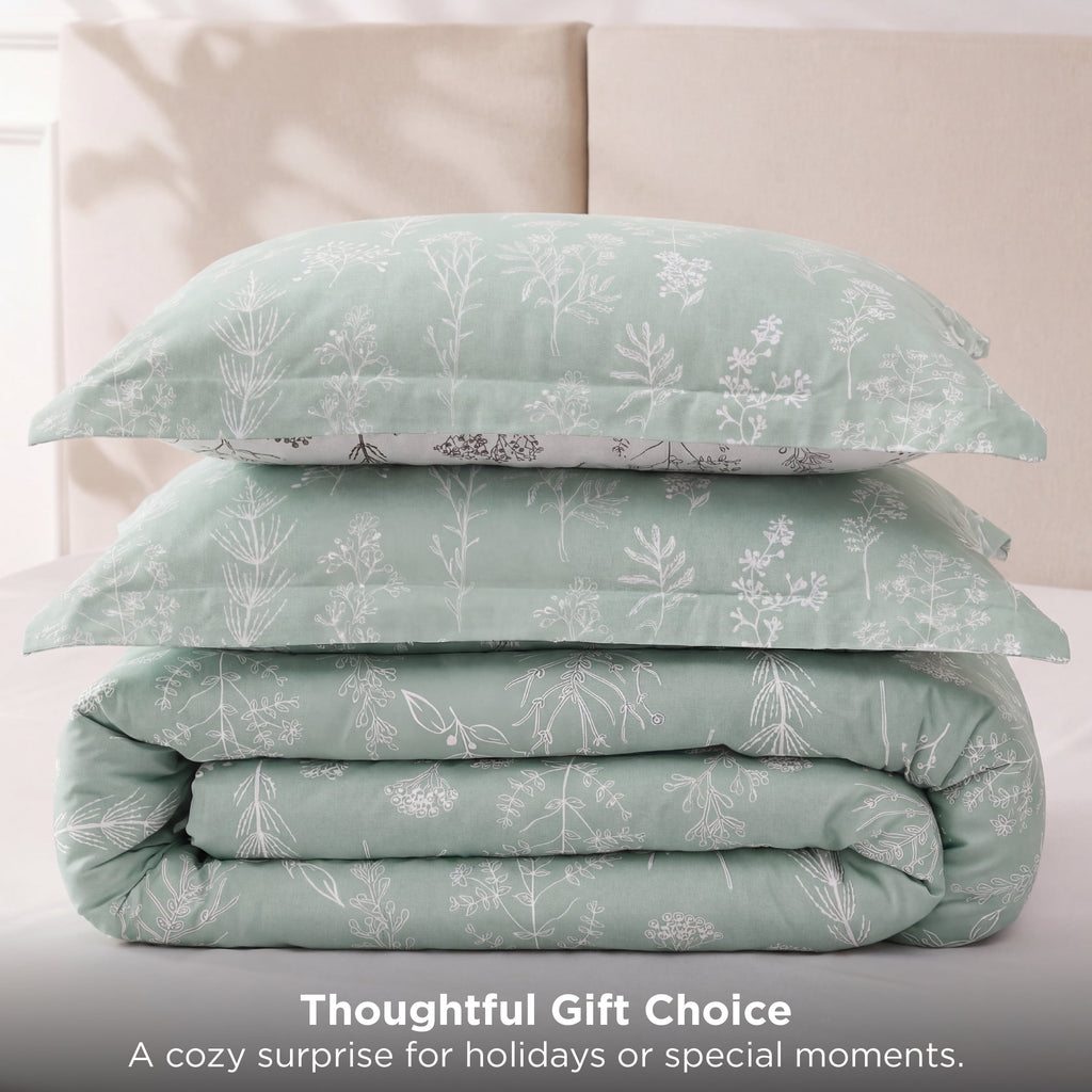 3 Pieces Sage Green Queen Size Comforter Sets, Cute Flowers Botanical Lightweight Soft Bedding Set with 2 Pillow Shams - Image 5