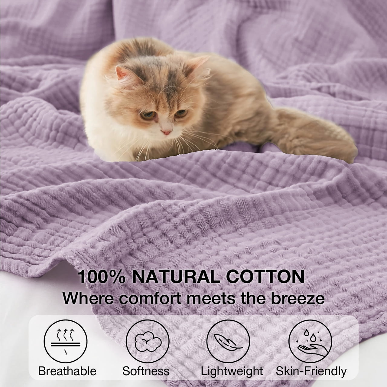100% Cotton Muslin Blanket Large 50" x 70", 6 Layers Lightweight and Breathable Throw Blankets for Couch, Soft Coolin... - Image 3