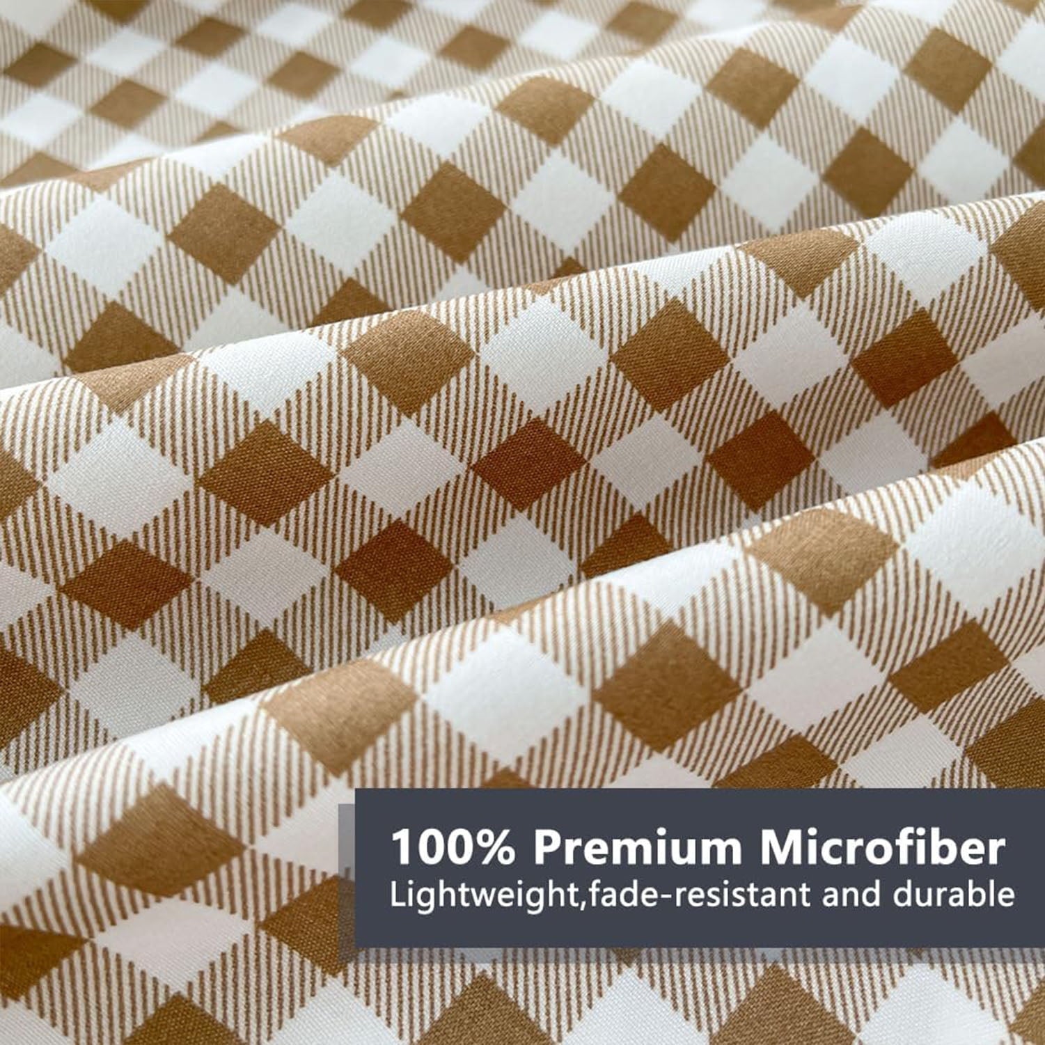 Sheet Set, Soft Brushed Microfiber Taupe Plaid Sheets, 4-Piece Brown Grid Set with Deep Pocket - Image 3