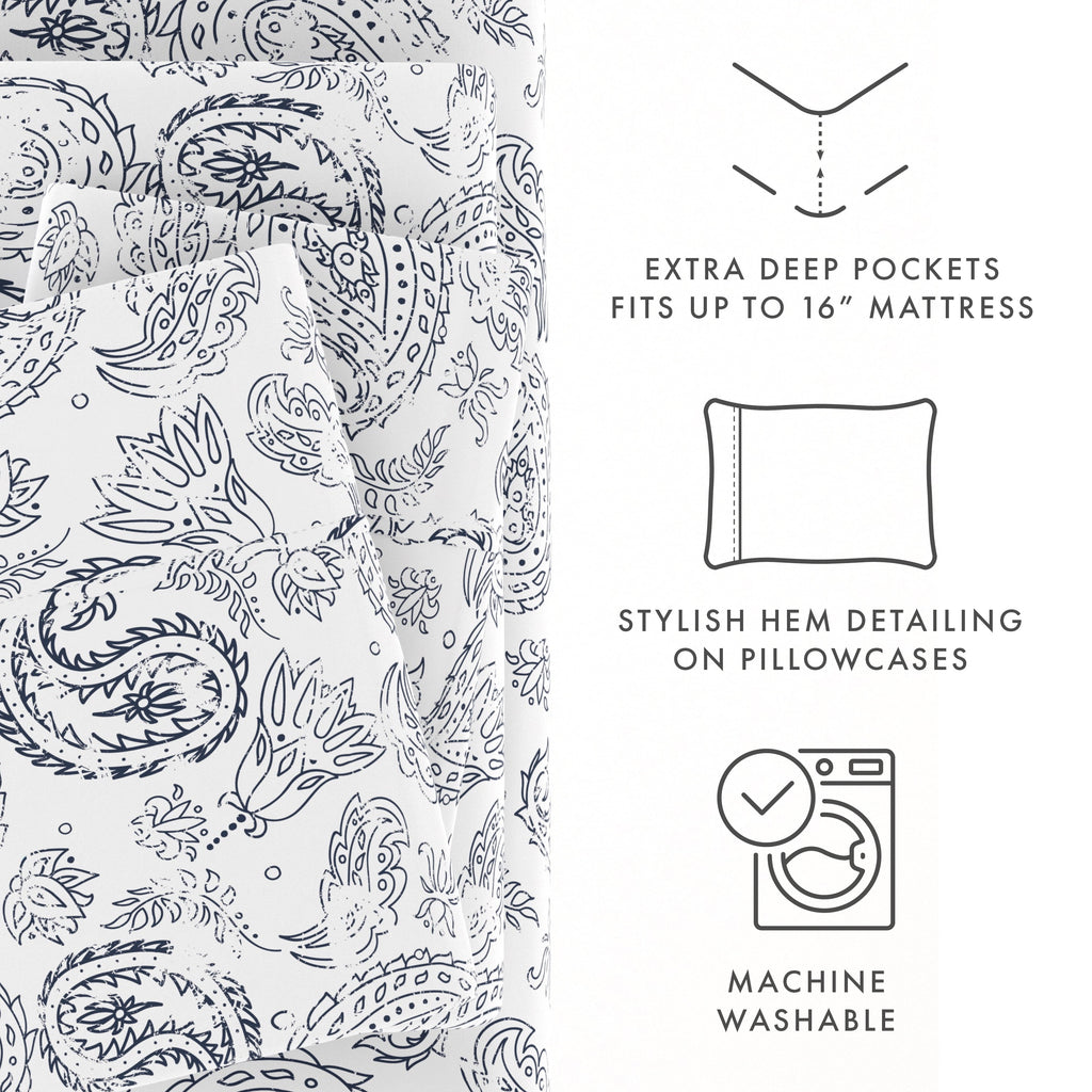 4 Piece Pattern Microfiber Bed Sheets Set, Navy Coarse Paisley, Full - Image 6