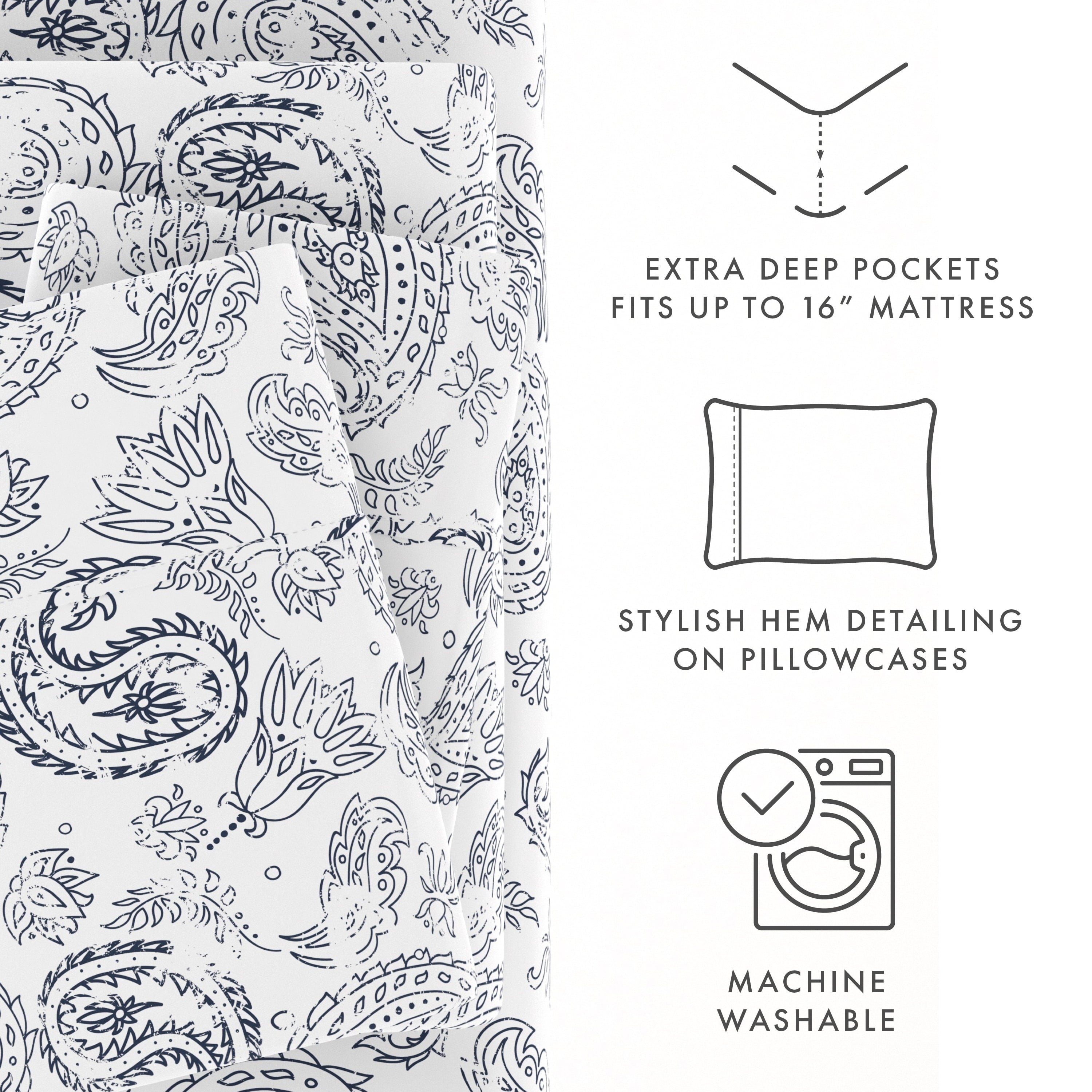 4 Piece Pattern Microfiber Bed Sheets Set, Navy Coarse Paisley, Full - Image 6