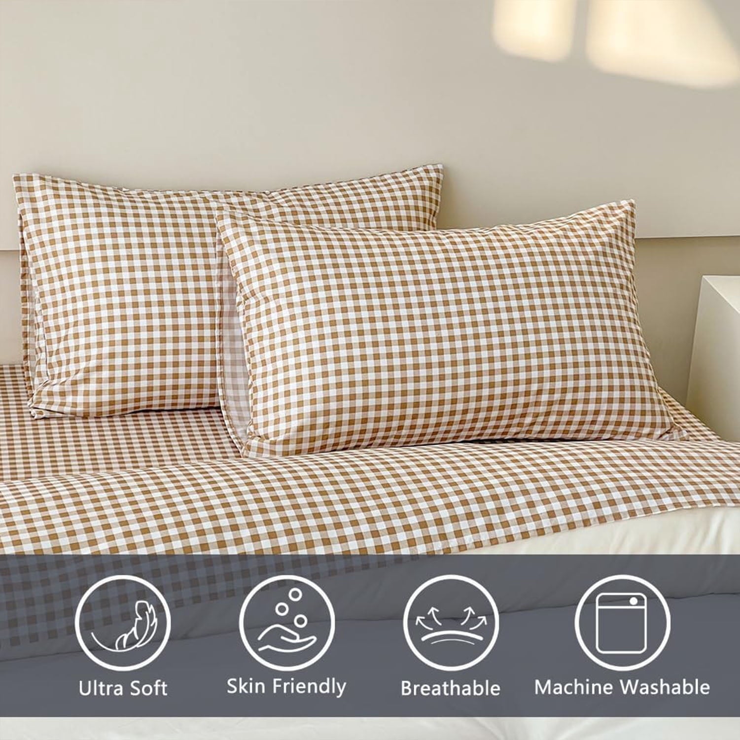 Sheet Set, Soft Brushed Microfiber Taupe Plaid Sheets, 4-Piece Brown Grid Set with Deep Pocket - Image 4