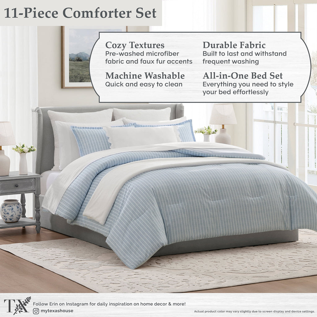 Stripe 11-Piece Comforter Set with Sheets, Blue, Queen - Image 3