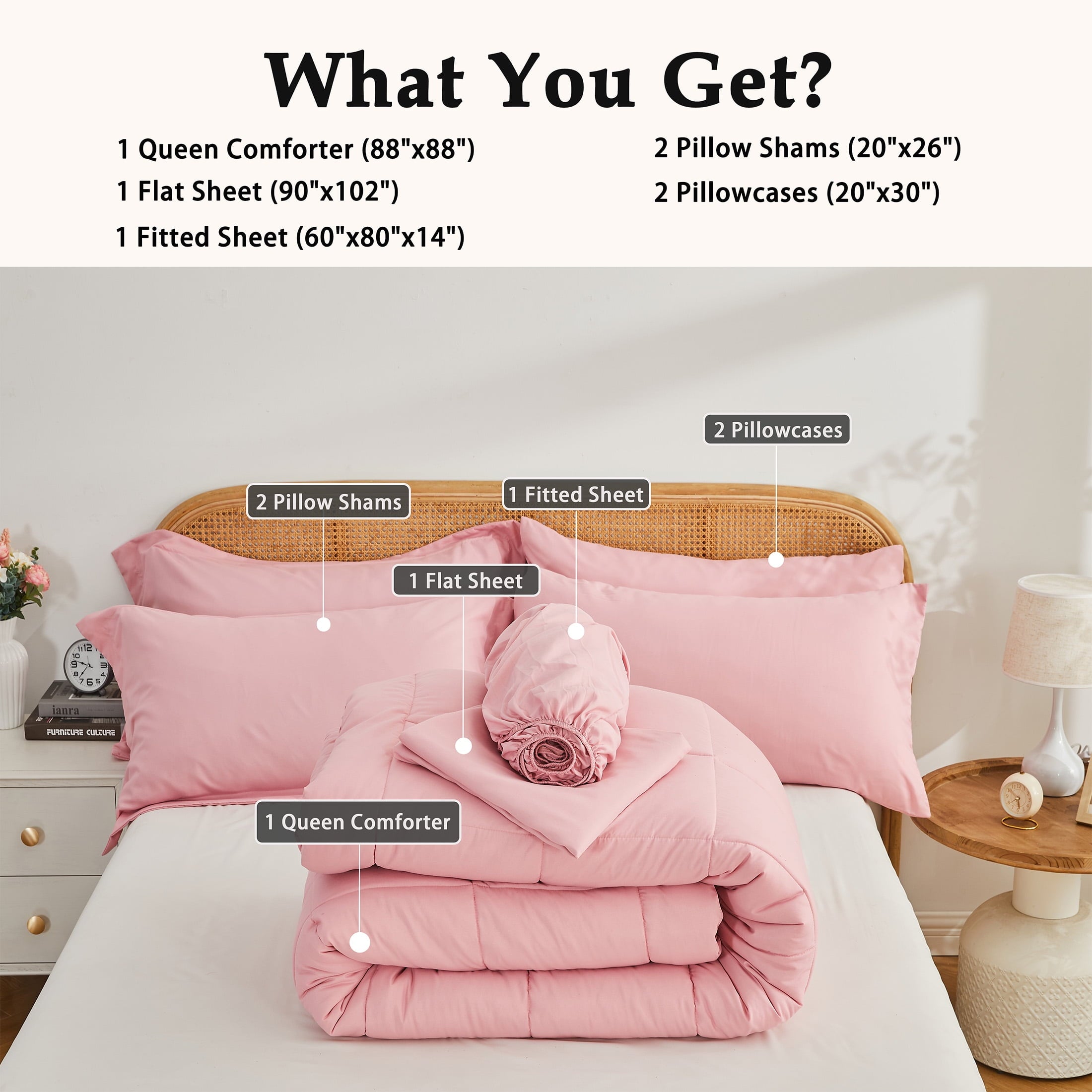 7-Piece Queen Size Comforter Set,Pink Reversible Bed in a Bag,All Season Solid Bedding Set with Sheets,Pillowcases & ... - Image 3