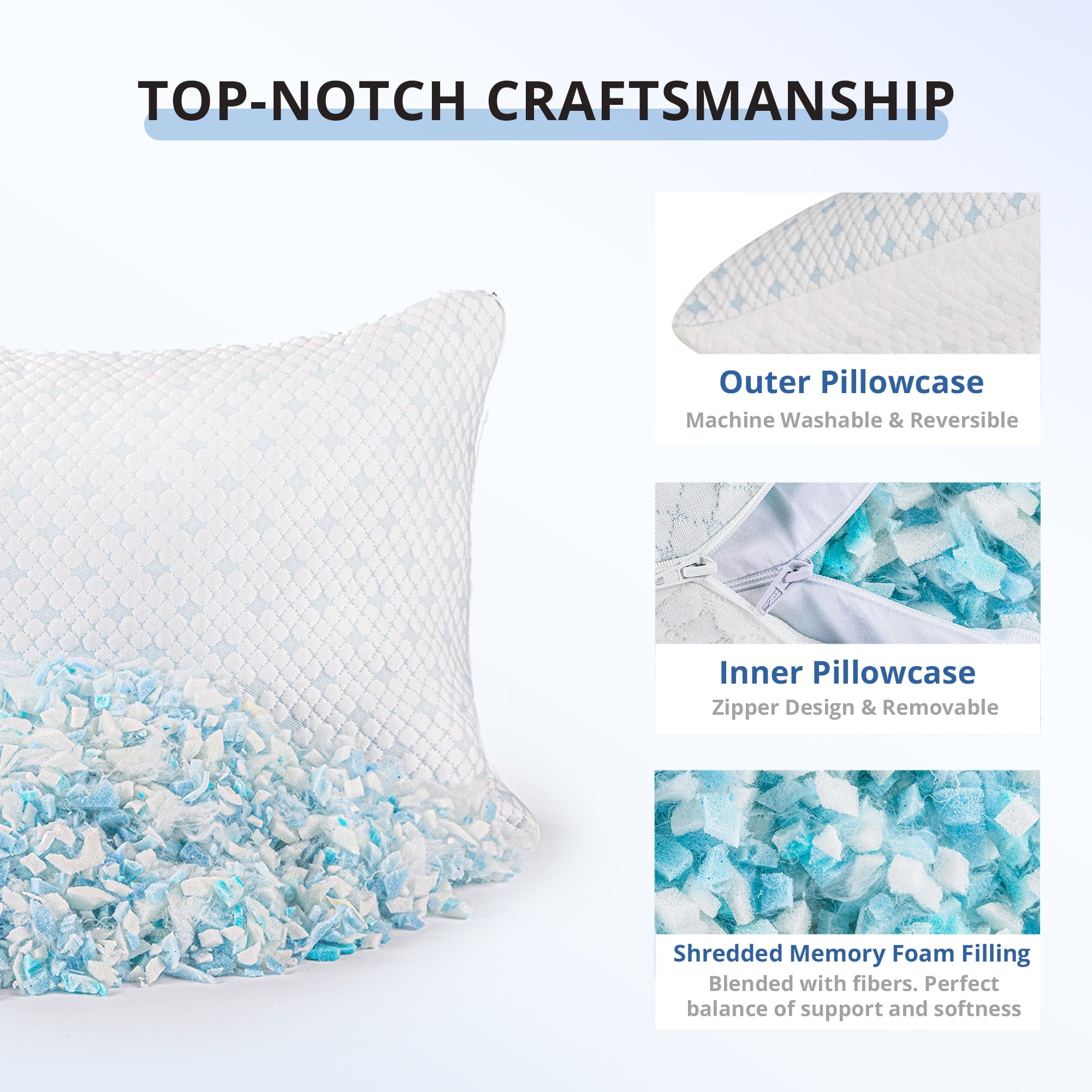 EGOHOME 2-Pack Adjustable Cooling Bed Pillows, Shredded Memory Foam Pillows Set of 2, Standard Queen, Dual Sides - Image 6