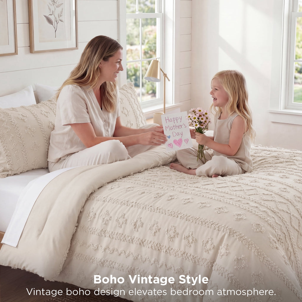 Tufted Boho Comforter Set Queen, Beige, 3 Pieces Farmhouse Shabby Chic Embroidery Bedding Set, Soft Jacquard Comforte... - Image 2
