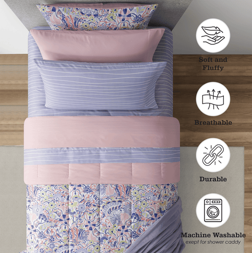 14pc College Dorm Essentials Bundle, Twin-XL, Reversible Bed in a Bag Comforter Set, Purple Floral - Image 2
