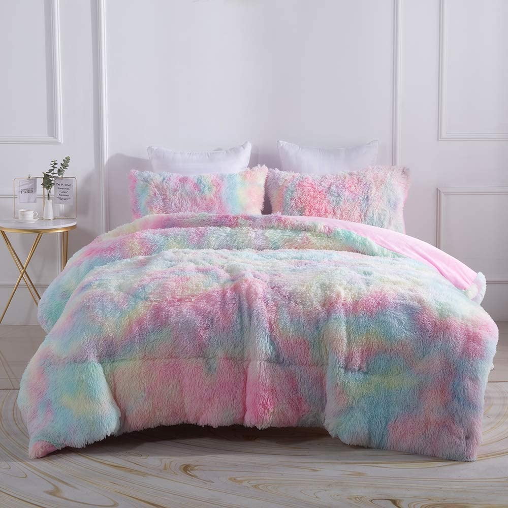 Wajade Plush Shaggy Comforter Set Fluffy Fuzzy Faux Fur Bedding Set - 3PC Microfiber Soft Warm Quilt Set(Rainbow Pink,Queen Size) - Image 3