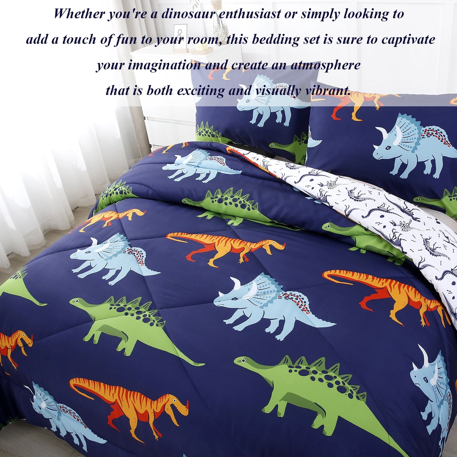 3 Pcs Dinosaur Twin Size Bedding Sets for Boys, Dinosaur Printing Boys Comforter Set, Blue and White Reversible Bed C... - Image 5