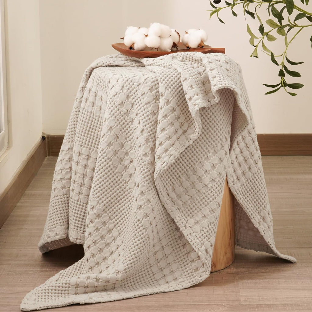 100% Cotton Waffle Weave Blanket, Lightweight Throw Washed Blanket for Bed Sofa Home Decor, Oatmeal, 50"x60" - Image 3