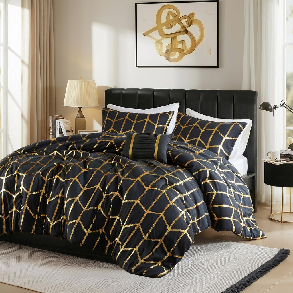 Full/Queen Size Comforter Set, 4-Piece Bedding Set for All Seasons, Geometric Metallic Comforter Bed Set with Decor P... - Image 3